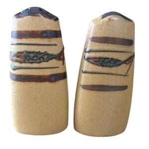 Vintage MCM Pair Ceramic Geometric Fish Salt Pepper Shakers Stripe Atomic Retro
